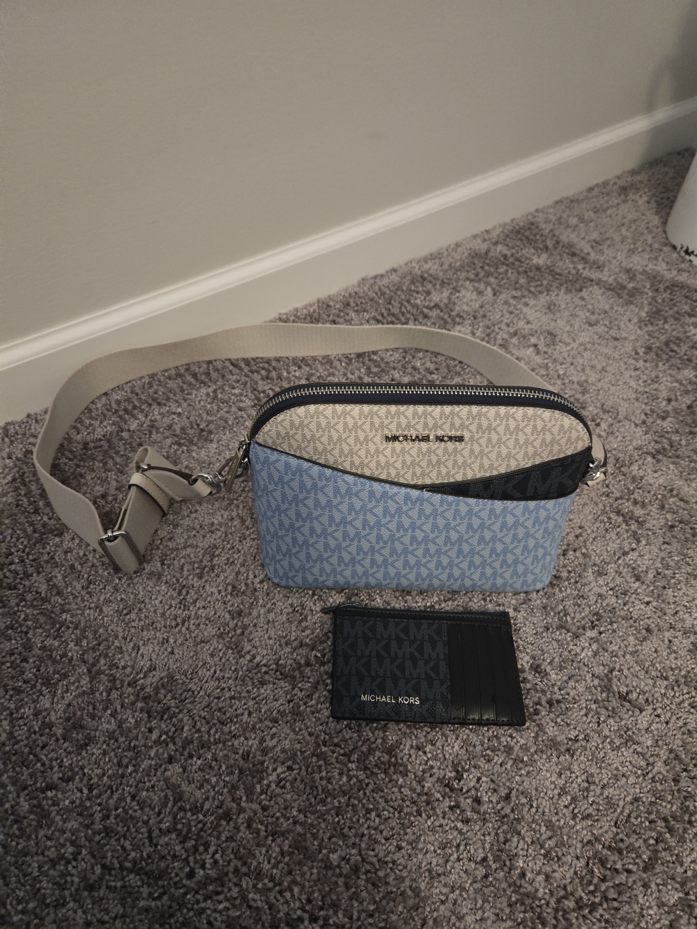 Michael Kors Blue, Navy Blue and Cream Signature Crossbody Bag